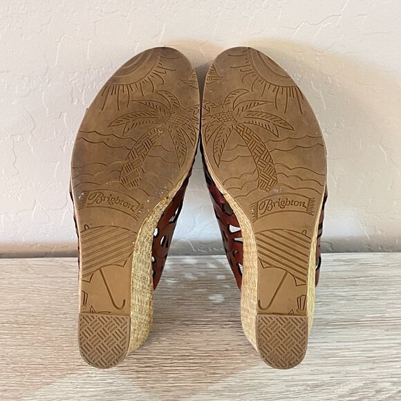 Brighton Sandals 6 Daria Brown Leather Silver Charm Woven Platform Wedge Slide - Picture 11 of 11